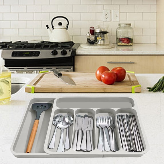 Expandable 5-Compartment Kitchen Drawer Organizer – Cutlery Storage Box for Knives, Forks, Spoons, Chopsticks – Adjustable Plastic Utensil Tray for Drawer (Black/Gray/Beige)