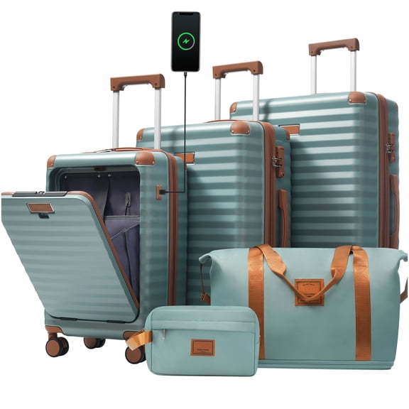 Expandable 5-Piece Hardside Spinner Luggage Set in Antique Blue Green, Features TSA Lock, USB Port, Front Pocket & Bonus Bags
