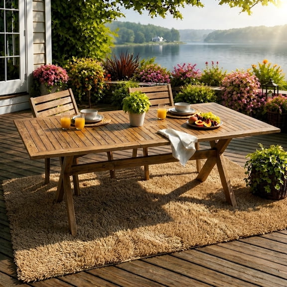 Expandable Acacia Wood Dining Table With Teak Finish 60-76 Inches Ideal For Outdoor Gatherings