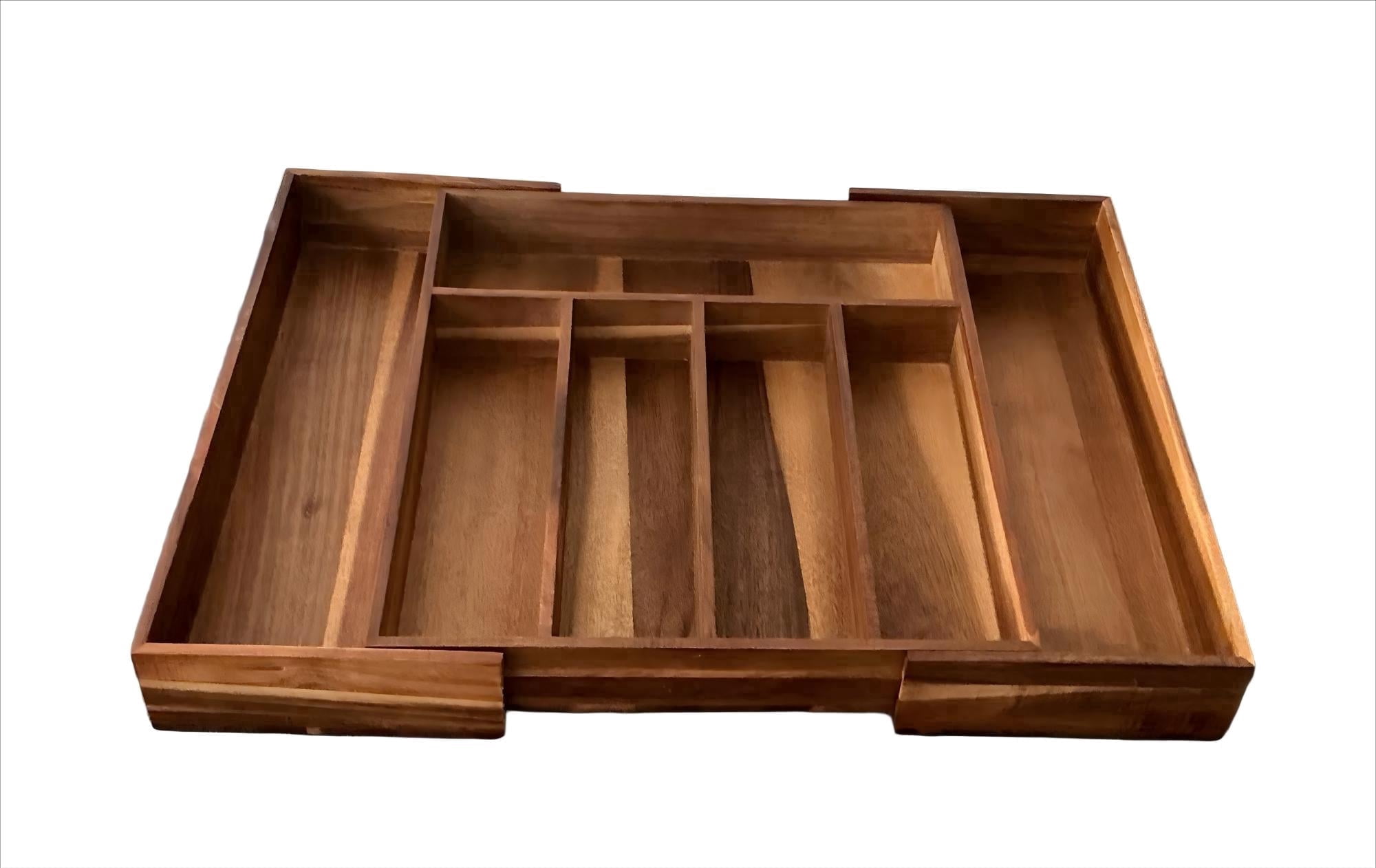 Expandable Acacia Wood Kitchen Drawer Organizer, Adjustable Utensil & Cutlery Organizer with Knife Block, Wooden Kitchen Drawer Organizer