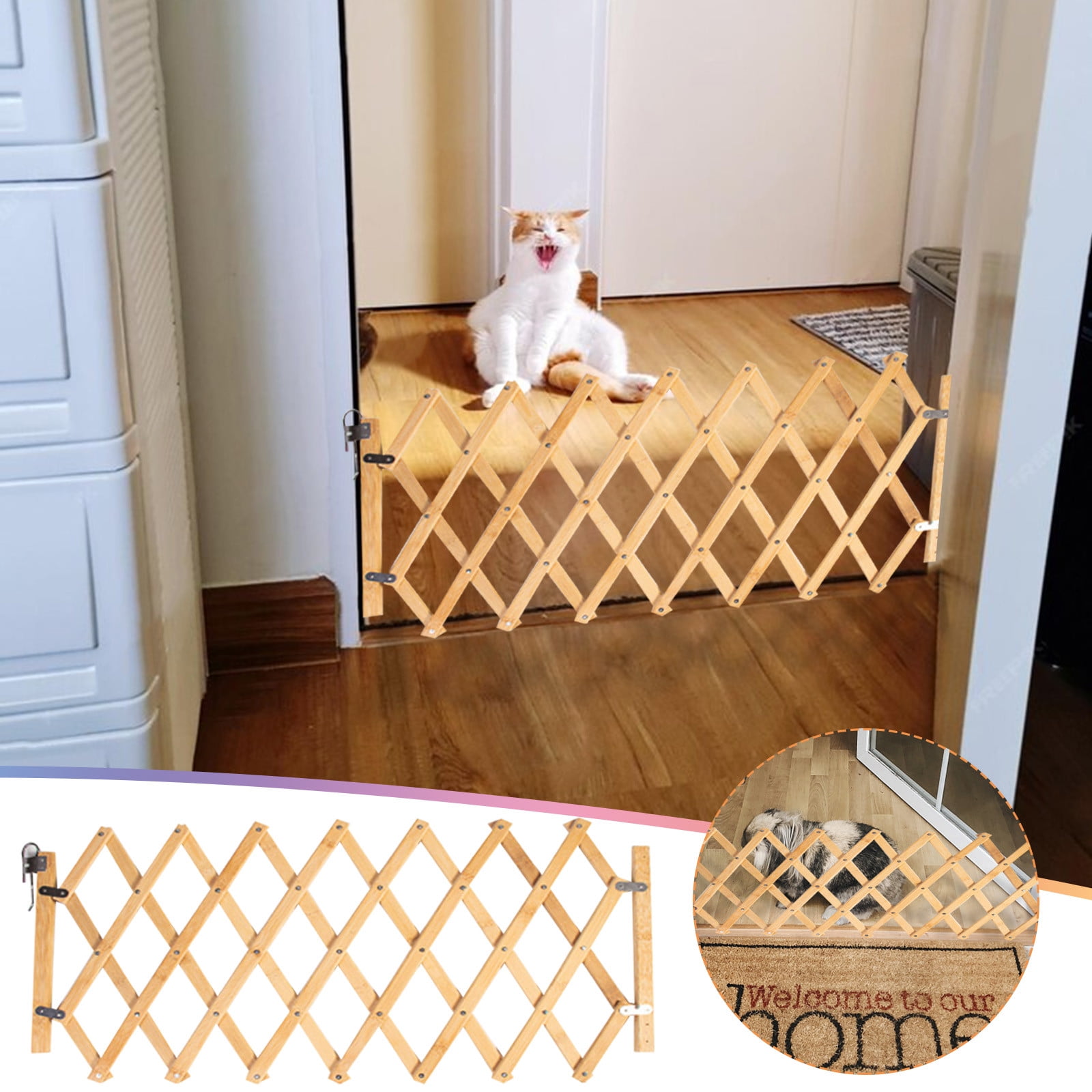 Expandable Accordion Dog Gate, Wooden Accordion Expansion Dog Gate for Doorway Stairs