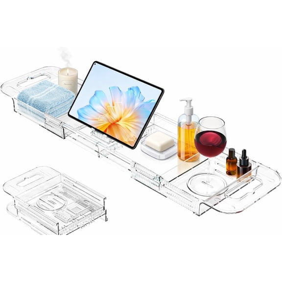 Expandable Acrylic Bathtub Tray Caddy, Foldable Clear Bath Tray with Drain Slots, Non-Slip Bathroom Organizer for Wine, Phone, Book & Spa Accessories