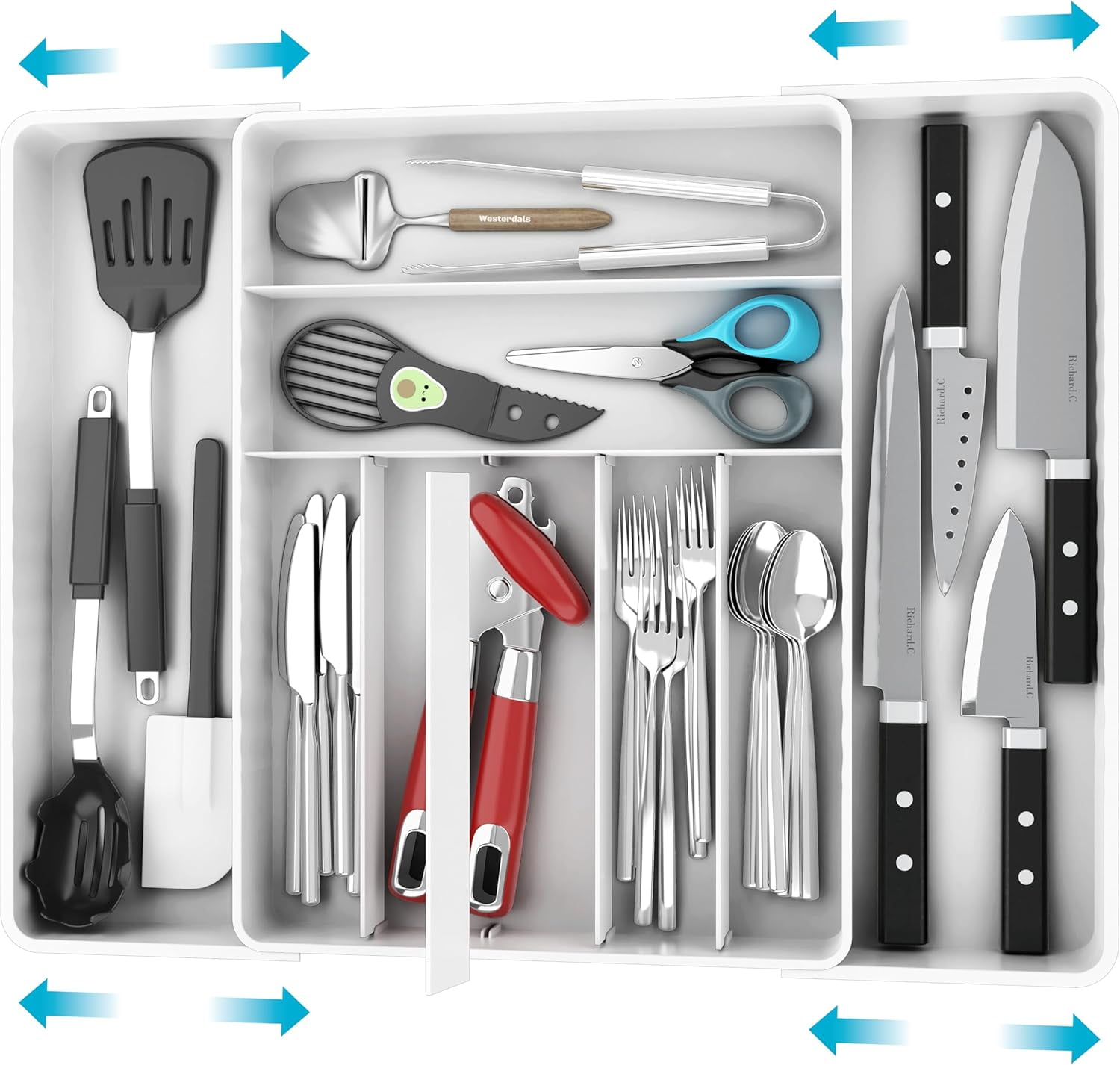 Expandable & Adjustable Cutlery Drawer Organizer - Large Utensil and Flatware Tray for Kitchen Drawers, White