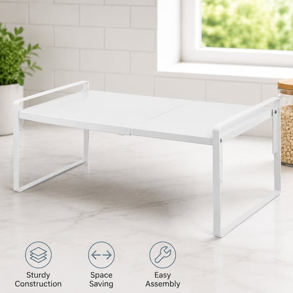 Expandable Adjustable Height Cabinet Shelf Organizer Riser for Kitchen Pantry Cupboard Under Sink Countertop Storage Space Saver Stackable Metal White XXL