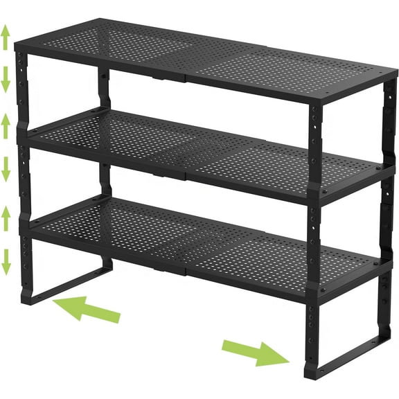 Expandable Adjustable Stackable Kitchen Organizer, Spice Rack,Metal Pantry Storage Shelves Racks,Counter Shelf for Cabinets, Countertop, Cupboard (3 Packs/Medium/Black)