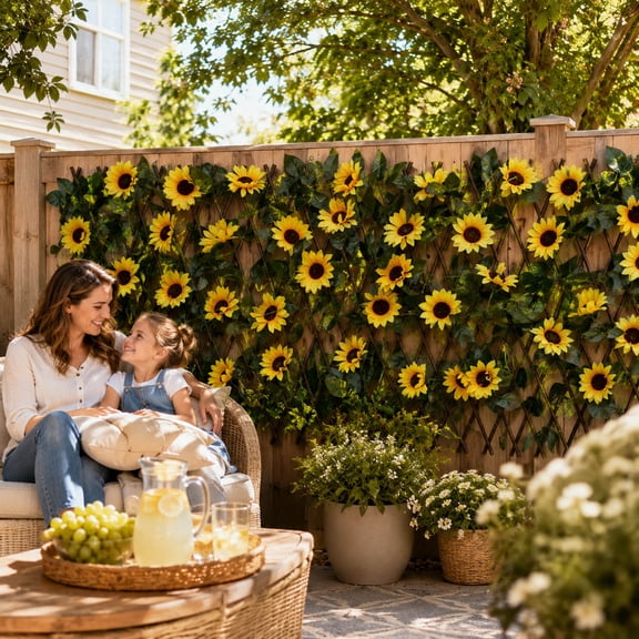 Expandable Artificial Flower Privacy Fence, Decorative Faux Leaf Hedge Screen with Sunflowers & Roses, UV-Resistant Trellis for Balcony Patio Garden & Outdoor Wall Decor