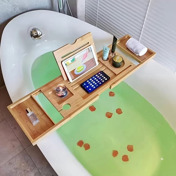 Expandable Bamboo Bathtub Caddy Tray, Adjustable Retractable Design with Tablet & Book Holder, Water-Resistant Spa Organizer for Bath Accessories