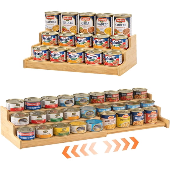 Expandable Bamboo Can Organizer for Pantry AdjustableStackable Can Rack Organizer for Kitchen CabinetCountertop Food Storage Organizer for Cans Jars & SpiceBottles Space Saving Shelf Holder Large