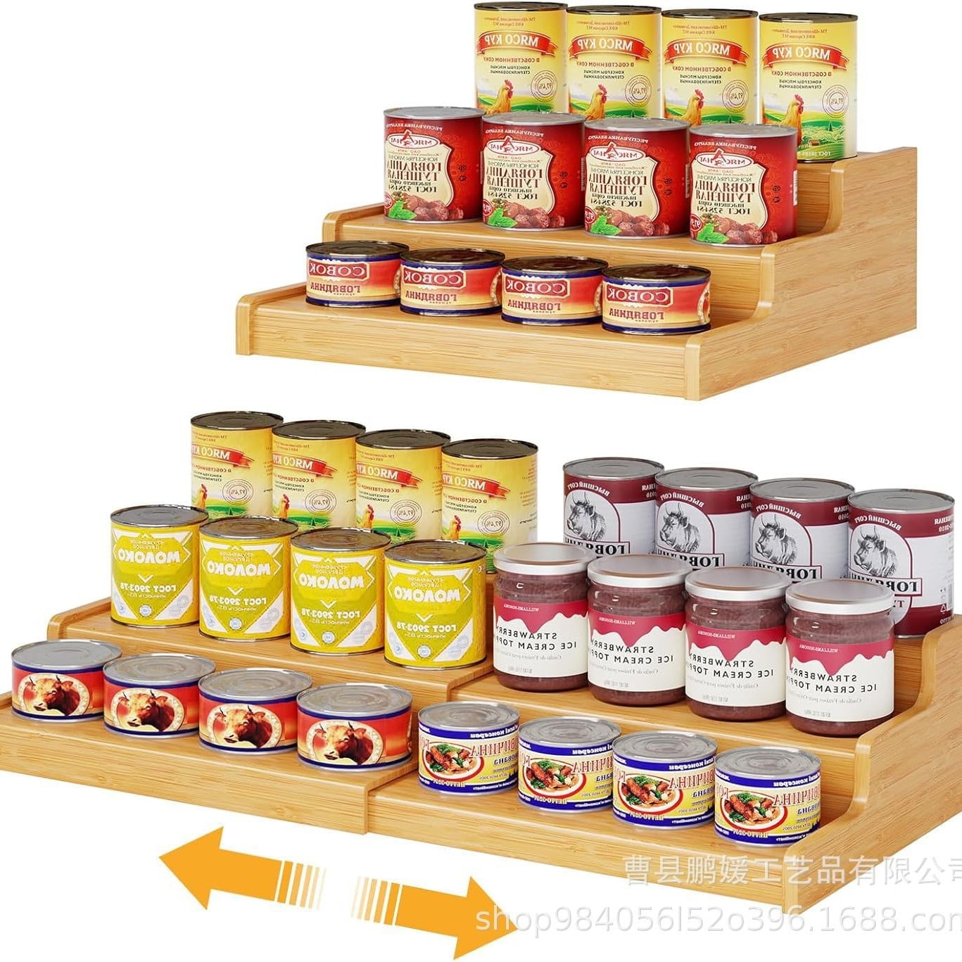 Expandable Bamboo Can Rack Organizer for Pantry, 3-Tier Adjustable Can Storage Holder, Soda Organizer Holds Up to 24 Cans, Canned goods Storage Display for Pantry