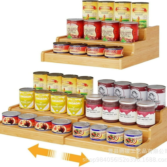 Expandable Bamboo Can Rack Organizer for Pantry, 3-Tier Adjustable Can Storage Holder, Soda Organizer Holds Up to 24 Cans, Canned goods Storage Display for Pantry