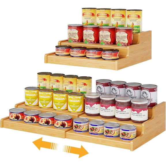 Expandable Bamboo Can Rack Organizer for Pantry, 3-Tier Adjustable Storage Holder, Soda Holds Up to 24 Cans, Canned goods Display Cabinet, Countertop (patent pending)