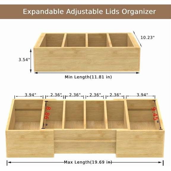 Expandable Bamboo Food Container Lid Organizer – 3 Adjustable Dividers, Fits 11.8"–19.7"W, Storage for Plastic, Pyrex & Replacement Lids (Kitchen Cabinets, Pantries & Drawers)