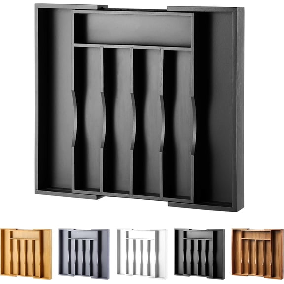 Expandable Bamboo Kitchen Drawer Organizer for Cutlery and Utensils, Adjustable Bamboo Wood Cutlery Tray in Drawer for Flatware and Silverware in Kitchen, (Black)