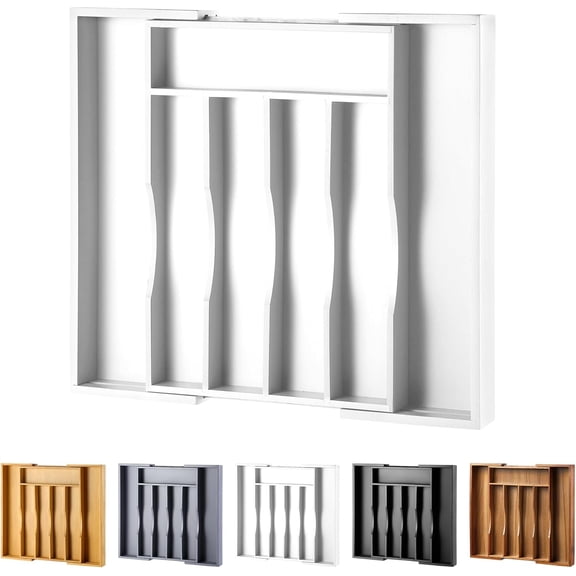Expandable Bamboo Kitchen Drawer Organizer for Cutlery and Utensils, Adjustable Bamboo Wood Cutlery Tray in Drawer for Flatware and Silverware in Kitchen, (White)