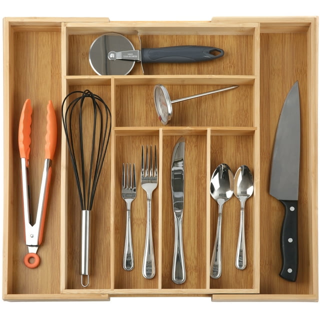 Expandable Bamboo Kitchen Drawer Organizer, Kitchen Utensil Organizer
