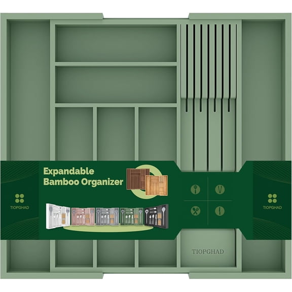 Expandable Bamboo Silverware Drawer Organizer Tray, Grayish Green | 12.6"-21.45" Expandable, Holds 7 Knives, Removable Knife Block, Adjustable Dividers, Drawer Insert for Utensils, Forks