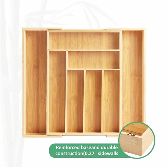 Expandable Bamboo Silverware Organizer-Kitchen Drawer & Utensil Dividers,Cutlery Tray with Dividers(6-8 Slots),14.2 x10.2-15x 2 inches,Natural Finish