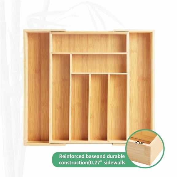 Expandable Bamboo Silverware Organizer-Kitchen Drawer & Utensil Dividers,Cutlery Tray with Dividers(6-8 Slots),14.2 x10.2-15x 2 inches,Natural Finish