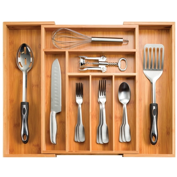 Expandable Bamboo Utensil Drawer Organizer, 17 inch Long, Adjustable 13 to 22.2 inch Wide, 8 Compartments