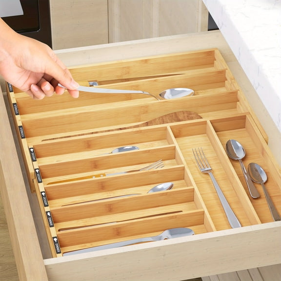 Expandable Bamboo Utensil Tray Holder | Kitchen Silverware Drawer Organizer with Tags, Unfinished Finish, Insert Mount for Flatware, Knives, and Spoon Storage for Home