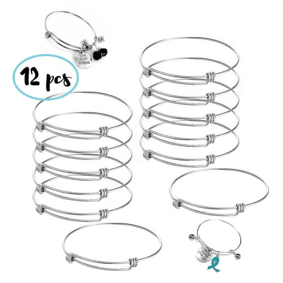 Expandable Bangle Bracelets, Silver Blank Wire Bangles, DIY Jewelry Making Supplies, Gift For Beader, 12 pcs