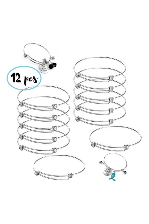 Expandable Bangle Bracelets, Silver Blank Wire Bangles, DIY Jewelry Making Supplies, Gift For Beader, 12 pcs