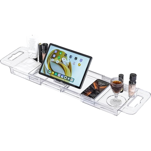 Expandable Bathtub Tray (22-31") - Transparent Bath Caddy with Non-Slip Pads, Adjustable Spa Table for Wine, Books & Phone, Perfect Housewarming for Women