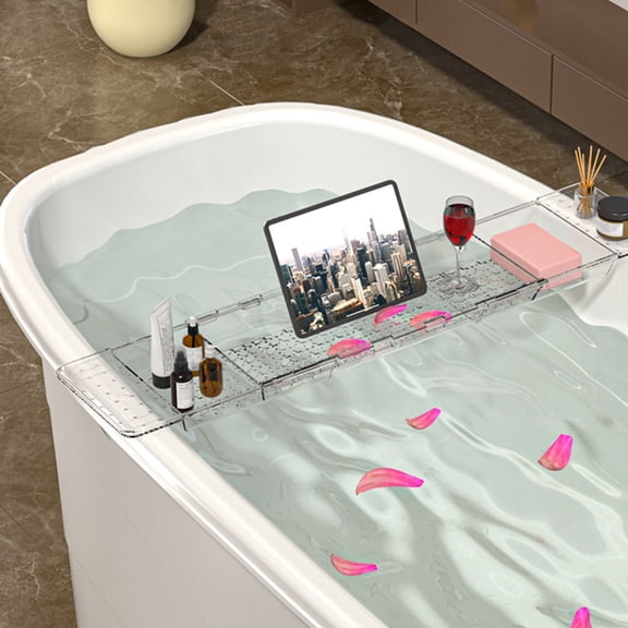 Expandable Bathtub Tray, Adjustable Clear Acrylic Bath Caddy, Grip Base End End Tub Shelf Organizer for Book Phone Candle Wine, 56-80Cm Length