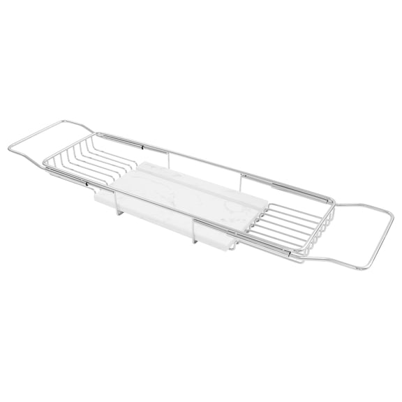 Expandable Bathtub Tray, Stainless Steel Bath Table Tray with Marble Board, Modern Luxury Bathtub Shelf for Bathrooms, Kitchen Sink (Silver+White)