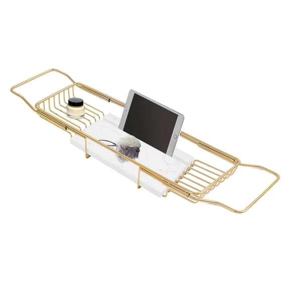 Expandable Bathtub Tray, Stainless Steel Over The Tub Caddy with Marble Tray, 26.77-35.43 in Wide Adjustable (Gold+White)