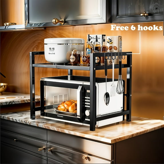 Expandable Black Metal Microwave Shelf with 6 Hooks – Adjustable Kitchen Countertop Organizer for Toasters, Towels, and Cookware – Space-Saving Design for Small Kitchens