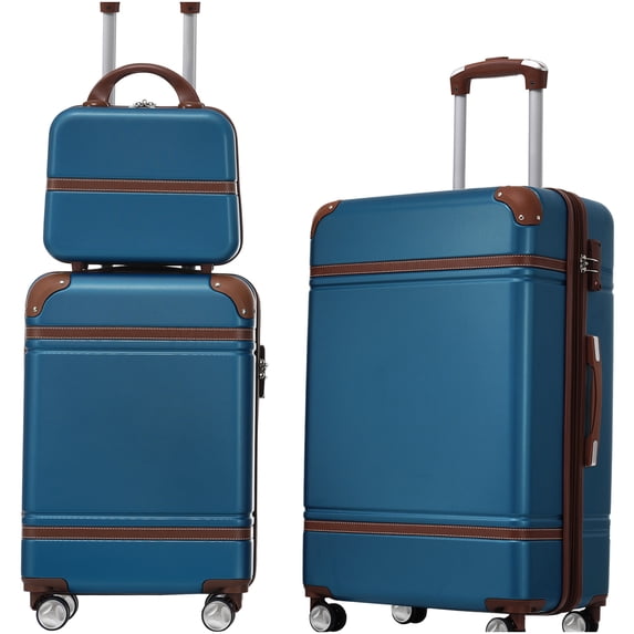 Expandable Blue ABS Hardshell Luggage 3-Piece Set with TSA Lock, 20" 24" Spinner Suitcase & Cosmetic Case, Lightweight Travel Gear