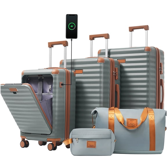 Expandable Blue Grey ABS Hardside Luggage Set 5-Piece with USB Charging, TSA Lock, Spinner Wheels & Front Access