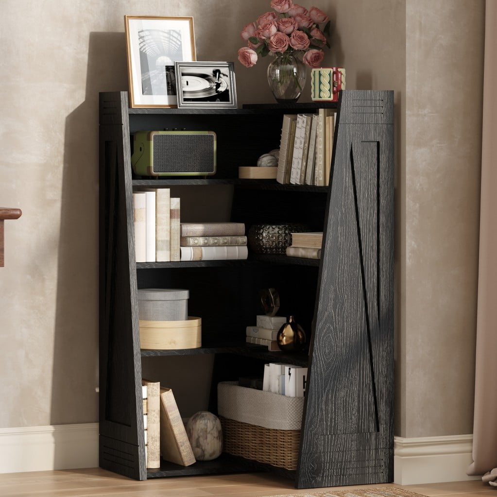 Expandable Bookshelf, 4-Tier 2-Piece L-Shaped Adjustable Bookcase, Up to 47" Wide Modular Storage Shelf for Wall Corners, Living Room, Bedroom & Small Spaces, Black