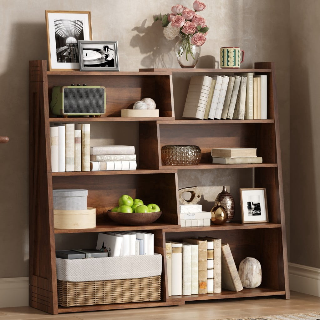 Expandable Bookshelf, 4-Tier 2-Piece L-Shaped Adjustable Bookcase, Up to 47" Wide Modular Storage Shelf for Wall Corners, Living Room, Bedroom & Small Spaces, Walnut
