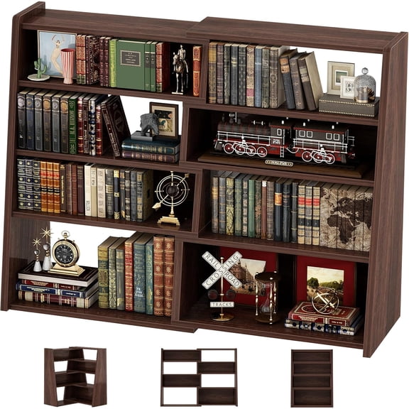 Expandable Bookshelf, Short Corner Bookshelf for Small Spaces, Ladder Book Shelf, Extendable Wood Narrow Bookcase Living Room, Bedroom, 5 Tier, Black Walnut