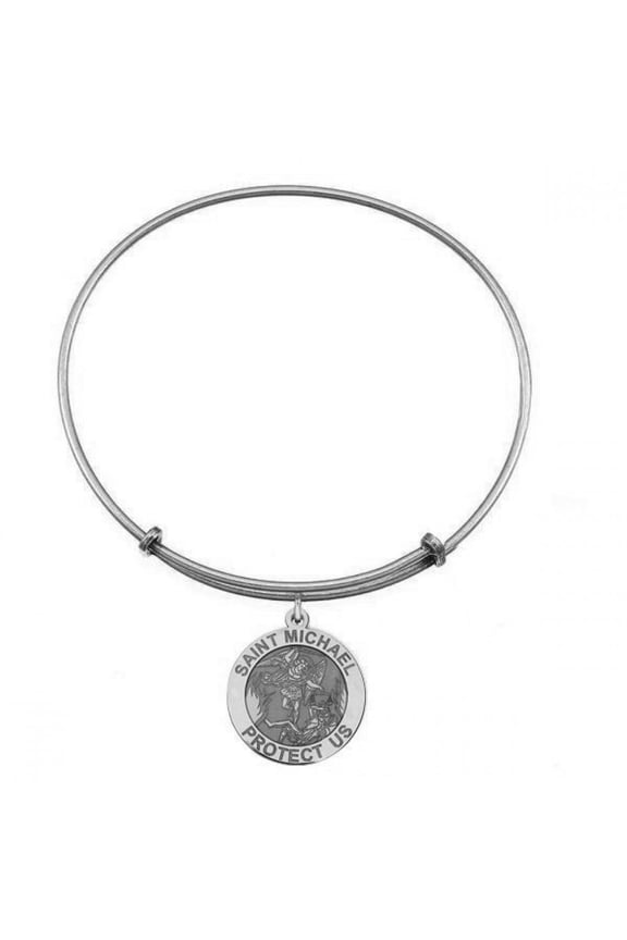 Expandable Bracelet W/ Saint Michael Round Religious Charm - Silver Tone Expandable Bracelet