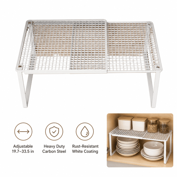 Expandable Cabinet Organizer Shelf, Heavy Duty White Metal Cupboard Storage Rack for Kitchen Pantry Wardrobe and Closet