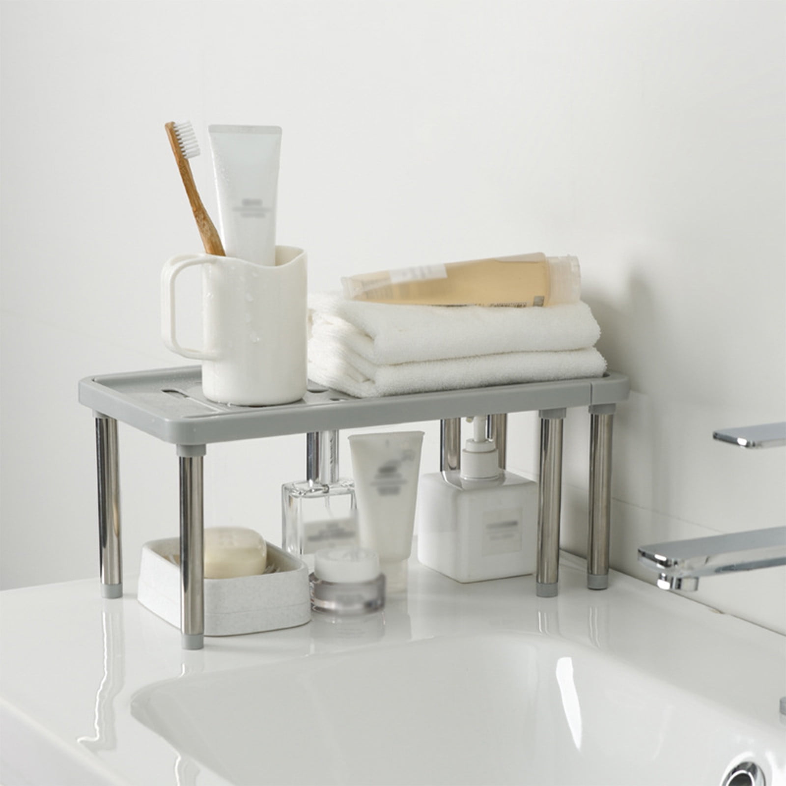 Expandable & Stackable Cabinet Organizer Shelf - Adjustable Height Metal Riser For Kitchen, Pantry, Under Sink
