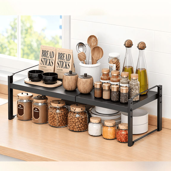 Expandable Cabinet Organizer Shelves, Adjustable Metal Organizer Rack, Stackable Organizer Rack for Kitchen , PantryBedroom, Bathroom, Closet and Office, Black, M