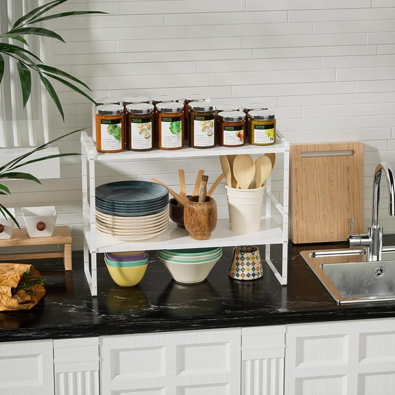 Expandable Cabinet Organizer Shelves Stackable Under Sink Storage Spice Racks for Kitchen Bathroom Home Office 3 Packs White