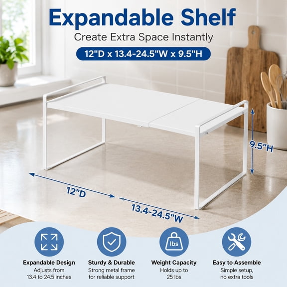 Expandable Cabinet Shelf Organizer, 12 Inch Deep Adjustable Metal Shelf Riser 13-24 Inch, Heavy Duty Stackable Storage Rack for Kitchen Pantry Countertop Under Sink, White