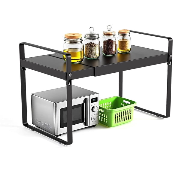 Expandable Cabinet Shelf Organizer 14-25 Inch Adjustable Length, 9" Wide 2-Tier (8" Bottom Layer) Metal Storage Rack for Kitchen Pantry, Under Sink Countertop - Heavy Duty Black(1 Pack)
