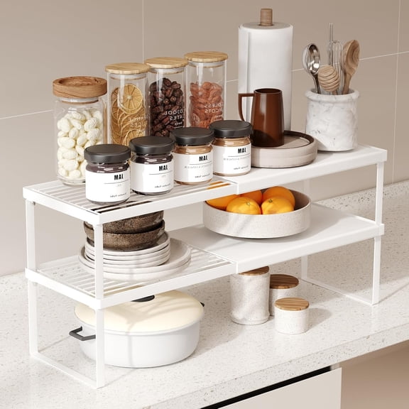 Expandable Cabinet Shelf Organizer, 2 Pack Stackable Kitchen Counter Shelf Riser, Metal Spice Rack Heavy Duty Countertop Organizer Storage for Kitchen, Pantry, Cupboard, Rv (5.9in Height,White)