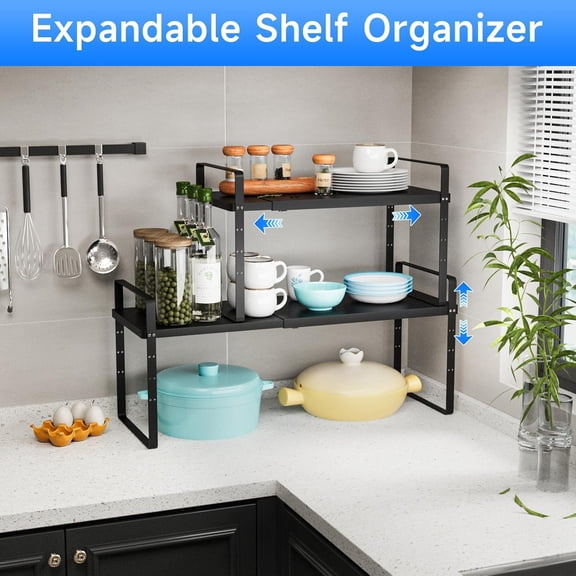 Expandable Cabinet Shelf Organizer - 80LBS Heavy Duty Black Large 1 Pack