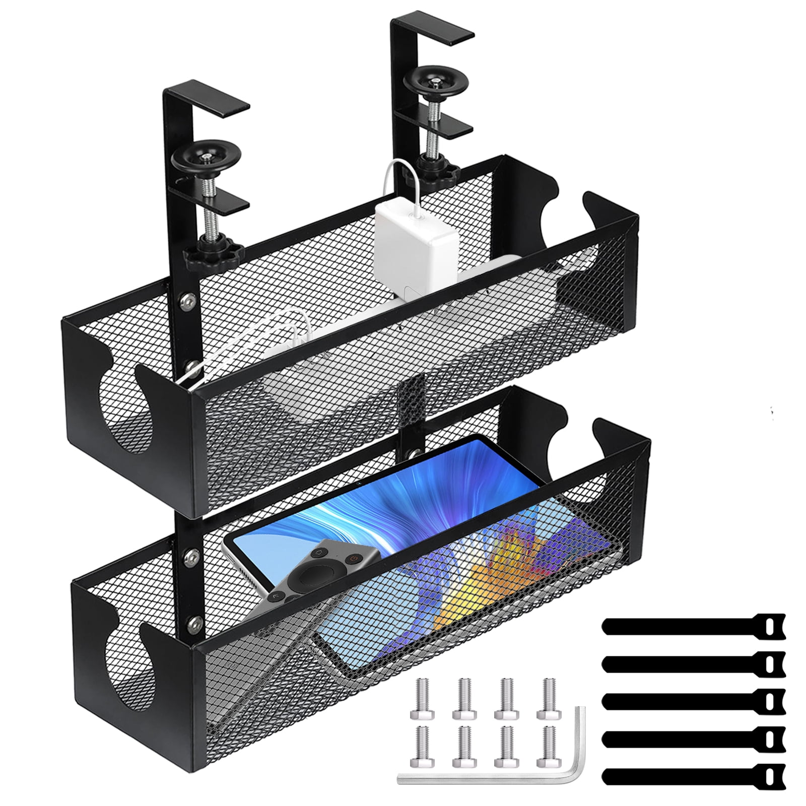 FT Hita 2 Layer Under Desk Cable Management Trays Black No Drill Cable Management Box With Clamp Cord Organizer for Office, Home,Gaming Desk