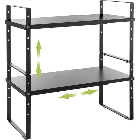 Expandable Cabinet Shelf Organizer Rack, Stackable Kitchen Counter Storage Shelves Stand, Adjustable Height Pantry Shelf Spice Rack (Black, 2 Pack)