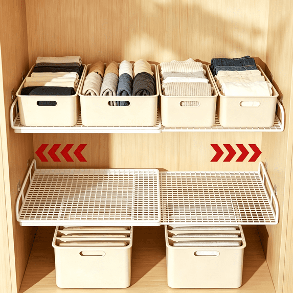 Expandable Cabinet Shelf Organizer, Stackable Metal Rack for Kitchen Bathroom Pantry, Adjustable Length 14.96-24.41 Inches, White