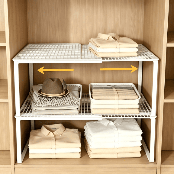 Expandable Cabinet Storage Shelf, Stackable Organizer Rack for Kitchen Bathroom Pantry, Space Saving Shelf for Counter Desk, 12.2x10.6x15-24.4 Inch