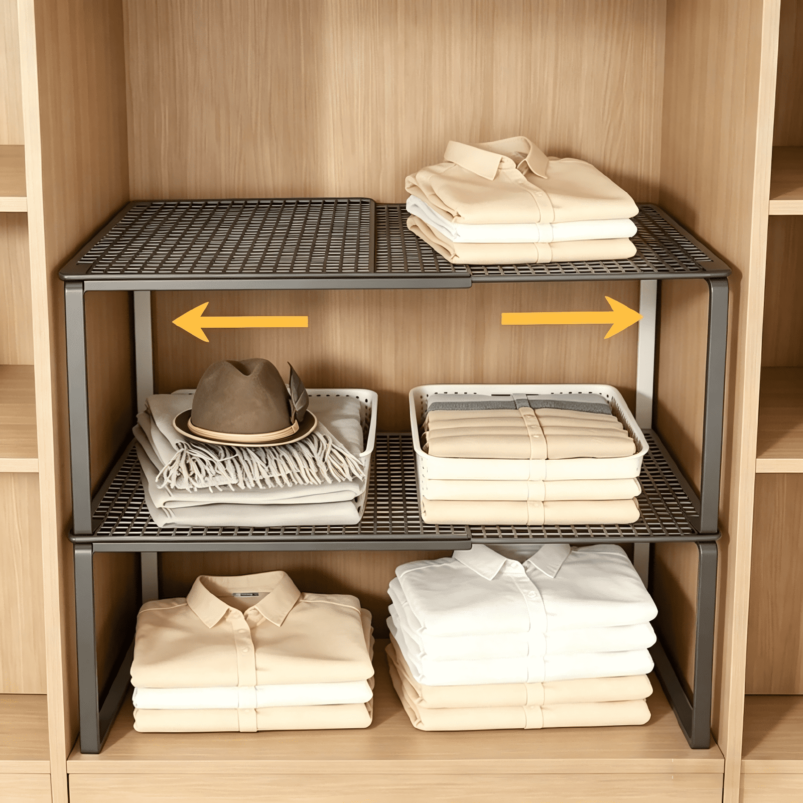 Expandable Cabinet Storage Shelf, Stackable Organizer Rack for Kitchen Bathroom Pantry, Space Saving Shelf for Counter Desk, 12.2x10.6x15-24.4 Inch